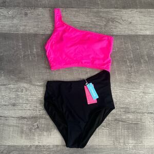 Younique NEW One Piece Swimsuit Womens Small One Shoulder Cutout Hot Pink Black